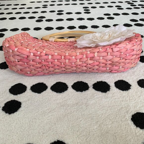 Vintage 80s 90s Wicker Straw Purse Handbag Clutch Pink Flower Wood Top Handle - Picture 5 of 11